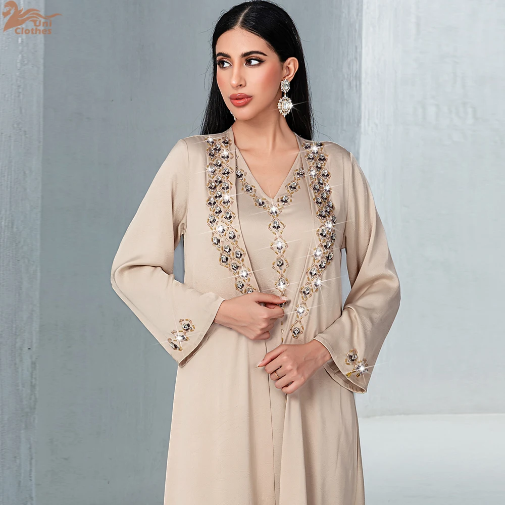 

Мусульманское женское платье Uni 2021, сшитое вручную, со стразами, марокканская Абая, комплект из двух предметов, Дубай, Ближневосточное платье макси