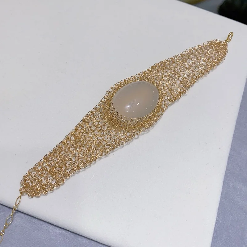 

SGARIT Handcrafted 14K Filled Gold Natural White Chalcedony Bracelet Women's Holiday Gift Jewelry ST01