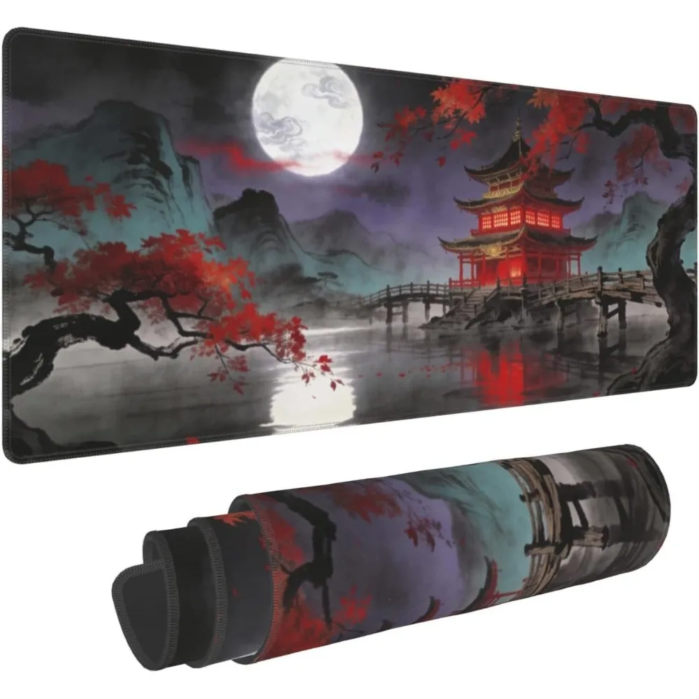 Black, blue and green Japanese-style mouse pad with cartoon landscape pavilions, trees patterns pc accessories tapis de souris