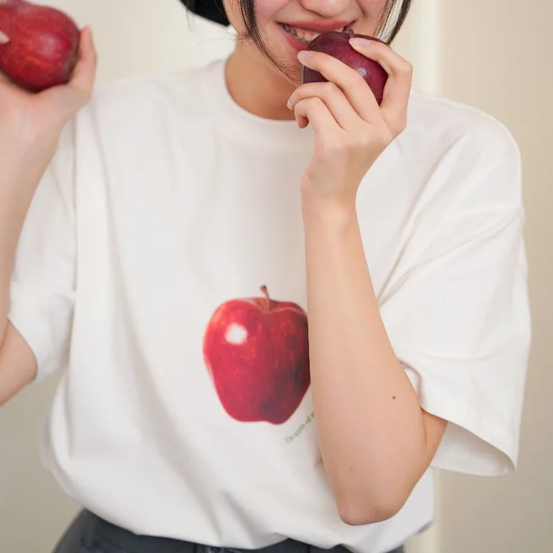 T-Shirts Frauen Apfel drucken lose lässige Mode Sommer Französisch Stil Chic All-Match Streetwear
