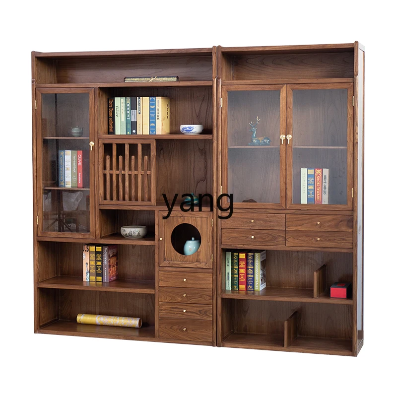 

ZL black walnut solid wood Chinese bookshelf bookcase storage combination shelf tea room floor storage cabinet