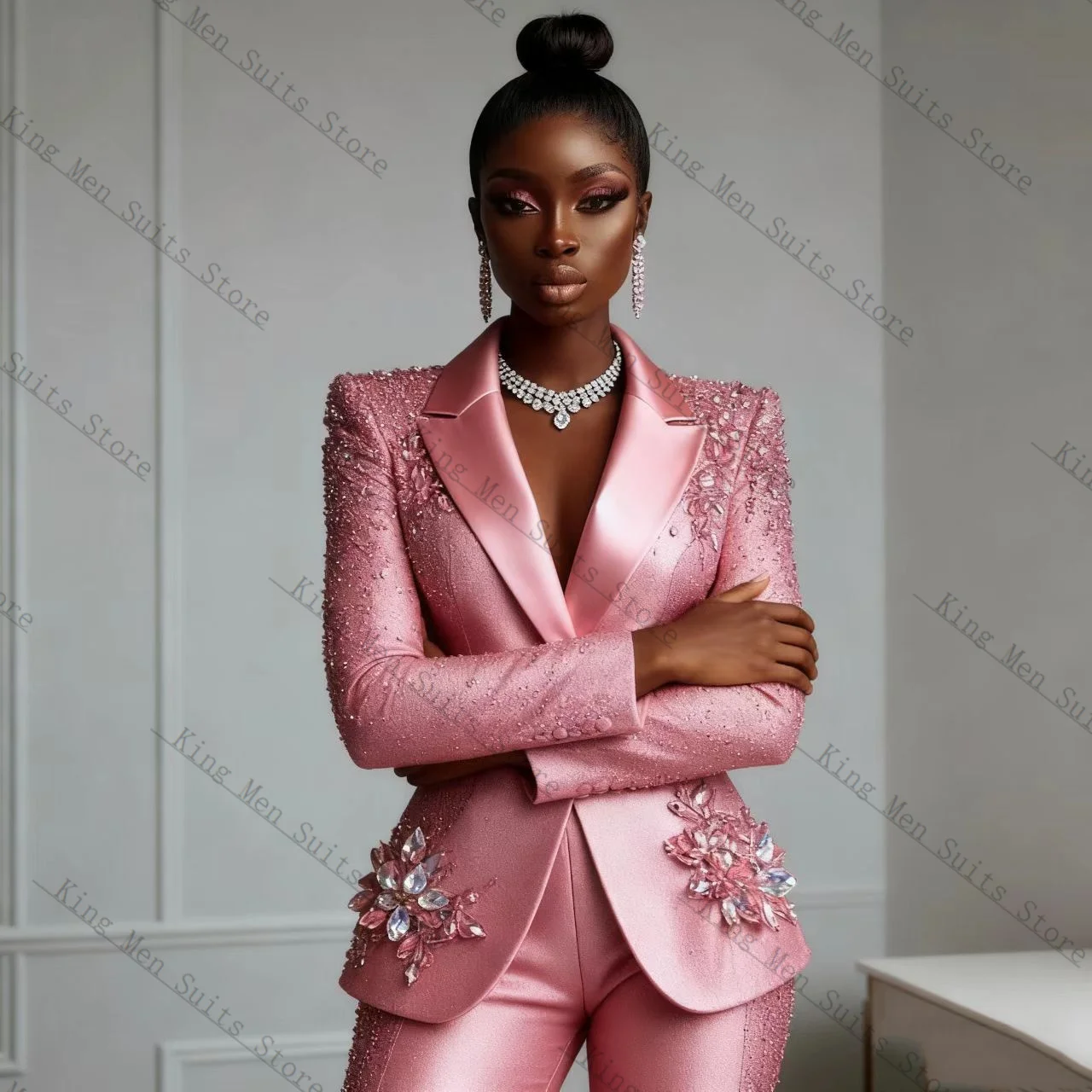 Luxury Pink Women Suit Set 2 Pcs Blazer+Pants Trousers Appliqued Crystals Customized Formal Guest Wedding Tuxedos Coat Jacket