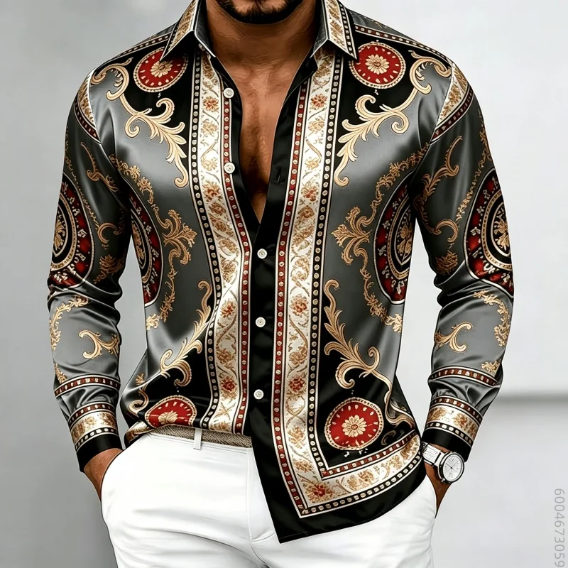 Men's long sleeved shirt, Baroque palace style printed shirt, versatile for business commuting, comfortable and loose casual top