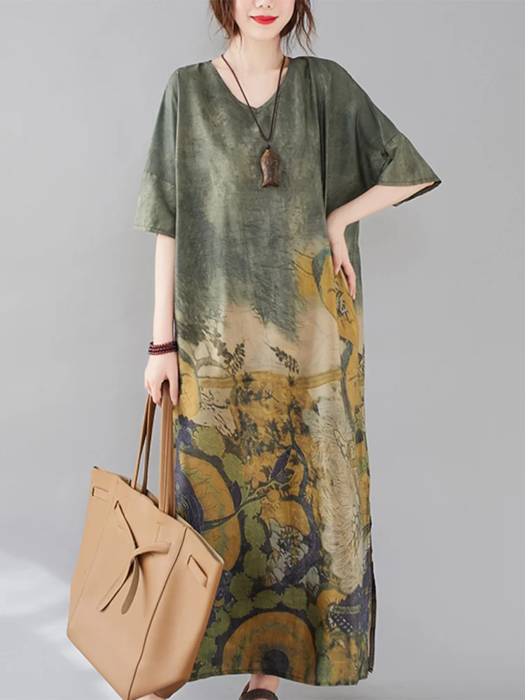 Imprimé fleuri ample été Dr v-ne minceur grande taille vêtements pour femmes coton Long Sve ort Dr pour grande taille