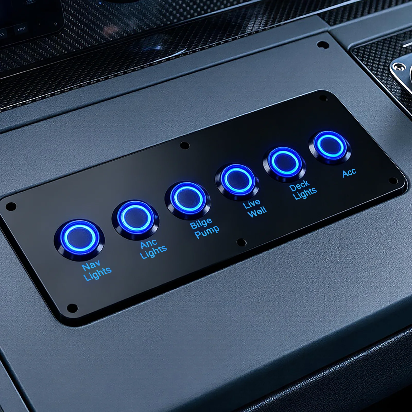 12V/24V Automotive & Marine Switch Panel | 6 Gang Blue Dash Lights Push Button Switch For Lighting / Power / Pump / Warning