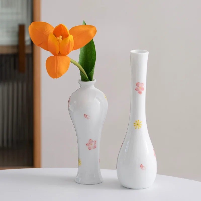 

Hand-Painted Chinese Retro Pure White Ceramic Decorative Vase Zen Home Living Room Tabletop Decoration Small Flower Ware Simple