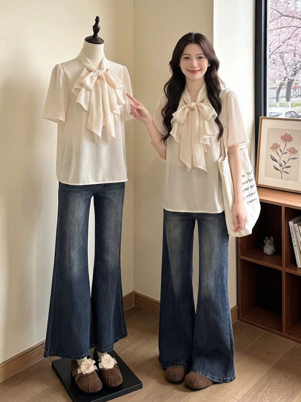

Korean Style Knot Short Sleeve Chiffon Shirt Women's plus Size Summer New Fashion Shoulder Length Shirtwaist Top