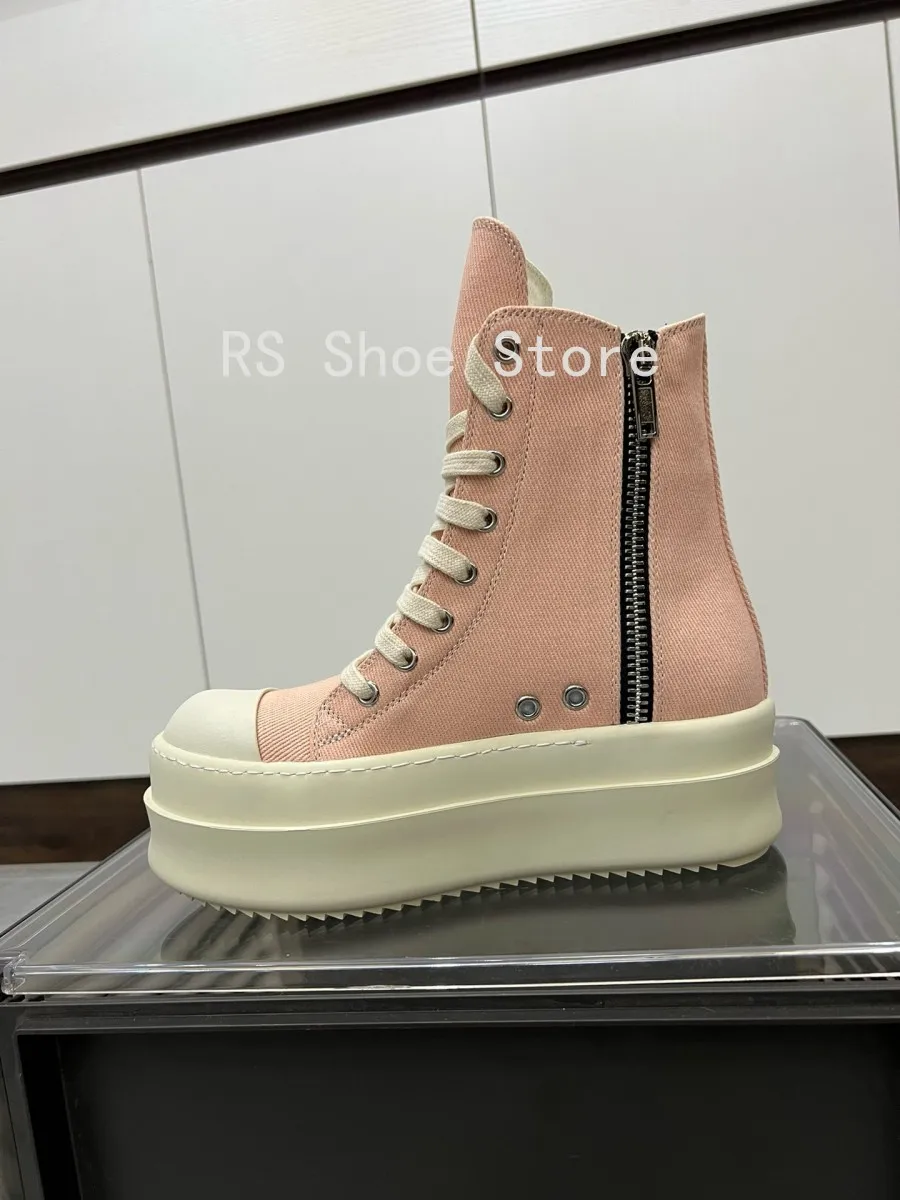 Ro الكلاسيكية الرجال حذاء بوت بطول الكاحل النساء عالية أعلى حذاء كاجوال سستة الدانتيل يصل 6 سنتيمتر سميكة وحيد حذاء الوردي أحذية رياضية من قماش القنب الأحذية