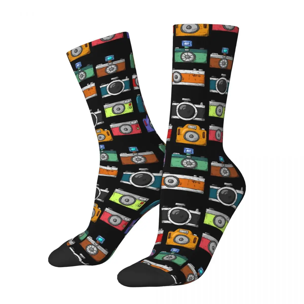 Hip Hop Vintage Cameras On Black Crazy Men's Socks Unisex Old Style Camera Harajuku Pattern Printed Funny Crew Sock Boys Gift