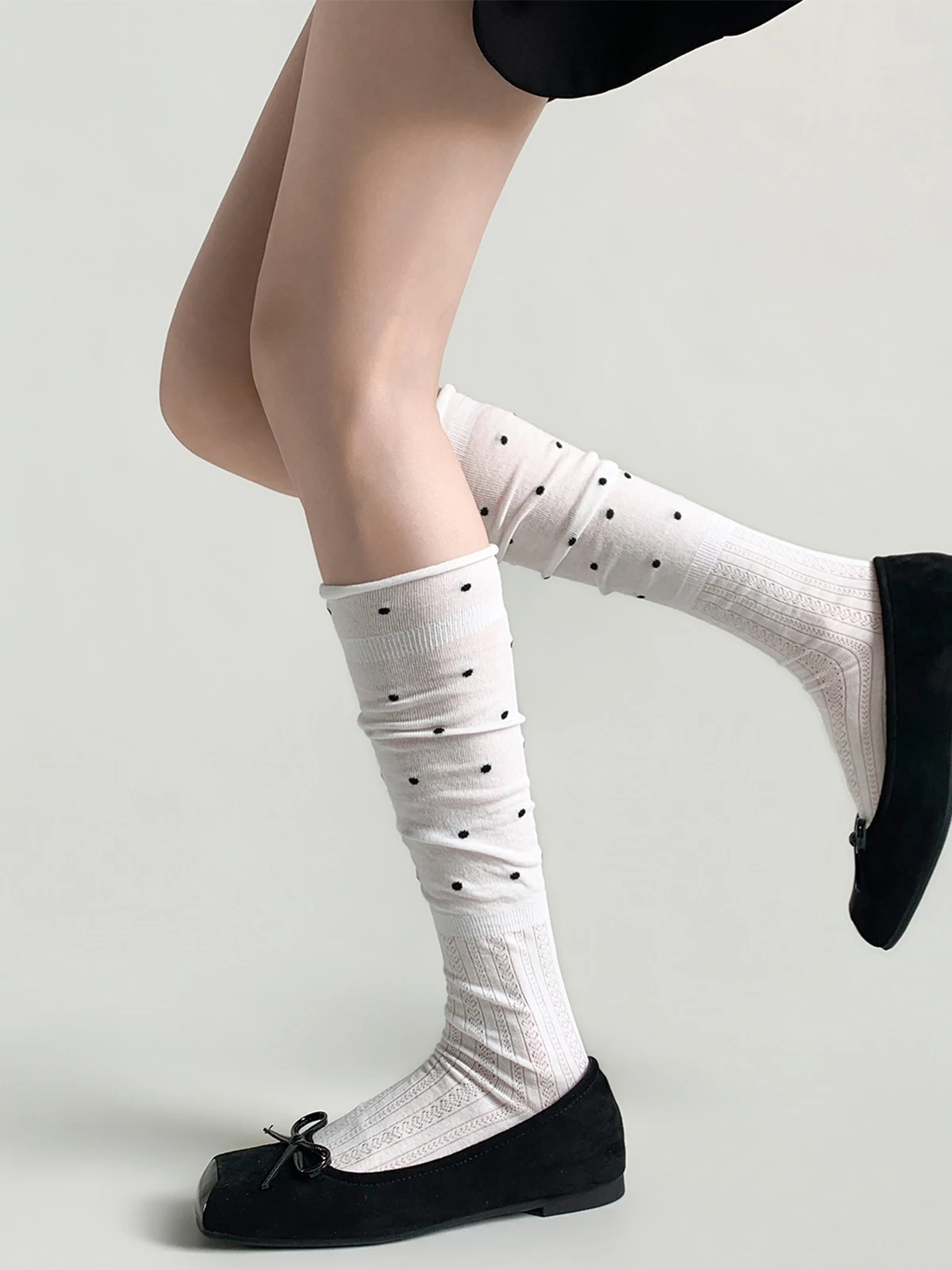 

White Ballet Style Gradient Patterned Mid-Calf Socks for Women Night Teaching Room Spring Collection Polka Dot Cuffed Socks