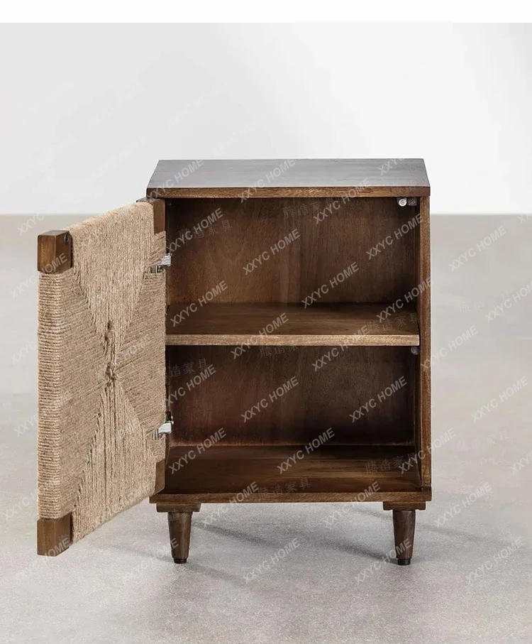 Bed and breakfast solid wood rope bedside cabinet black bedside cabinet bedside cabinet household  rattan locker