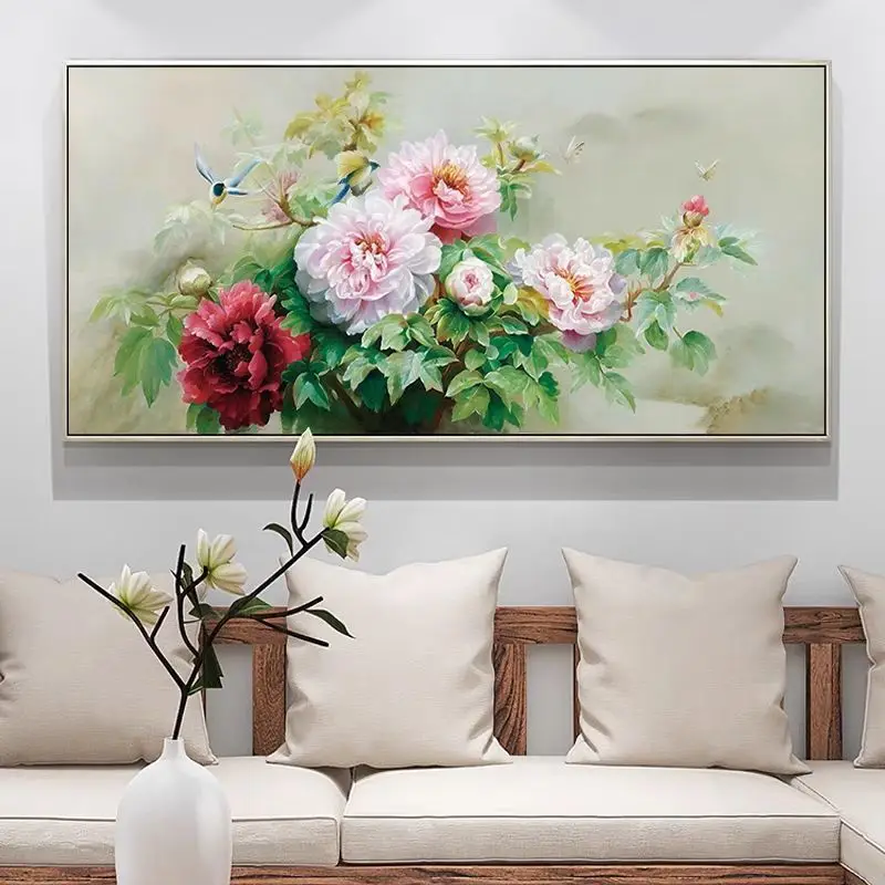 

Handmade cross stitch finished product with magpie facing flowers, new living room high-end peony embroidery in stock,