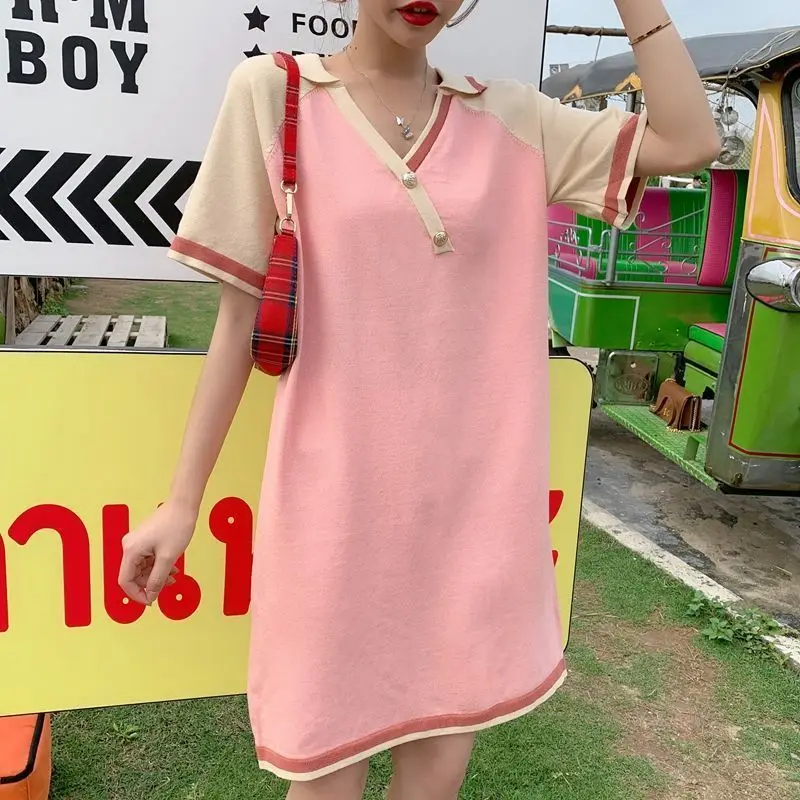 Summer Sweet Spliced Midi Dress Fashion Contrasting Colors Women's Clothing V-Neck Button Casual Short Sleeve Straight Dresses