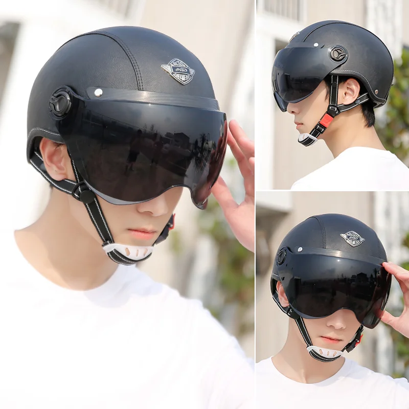 AD Retro Motorcycle Helmets with Harley Visor Leather Helmet for Man Electric Motorbike Vintage Protected Motor Safety Cap