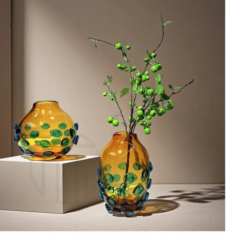 Modern Amber Glazed Vase Simple Flat Flower Arrangement Tool Luxury Home Decor for Living Room Hotel Orange Ceramic Ornament