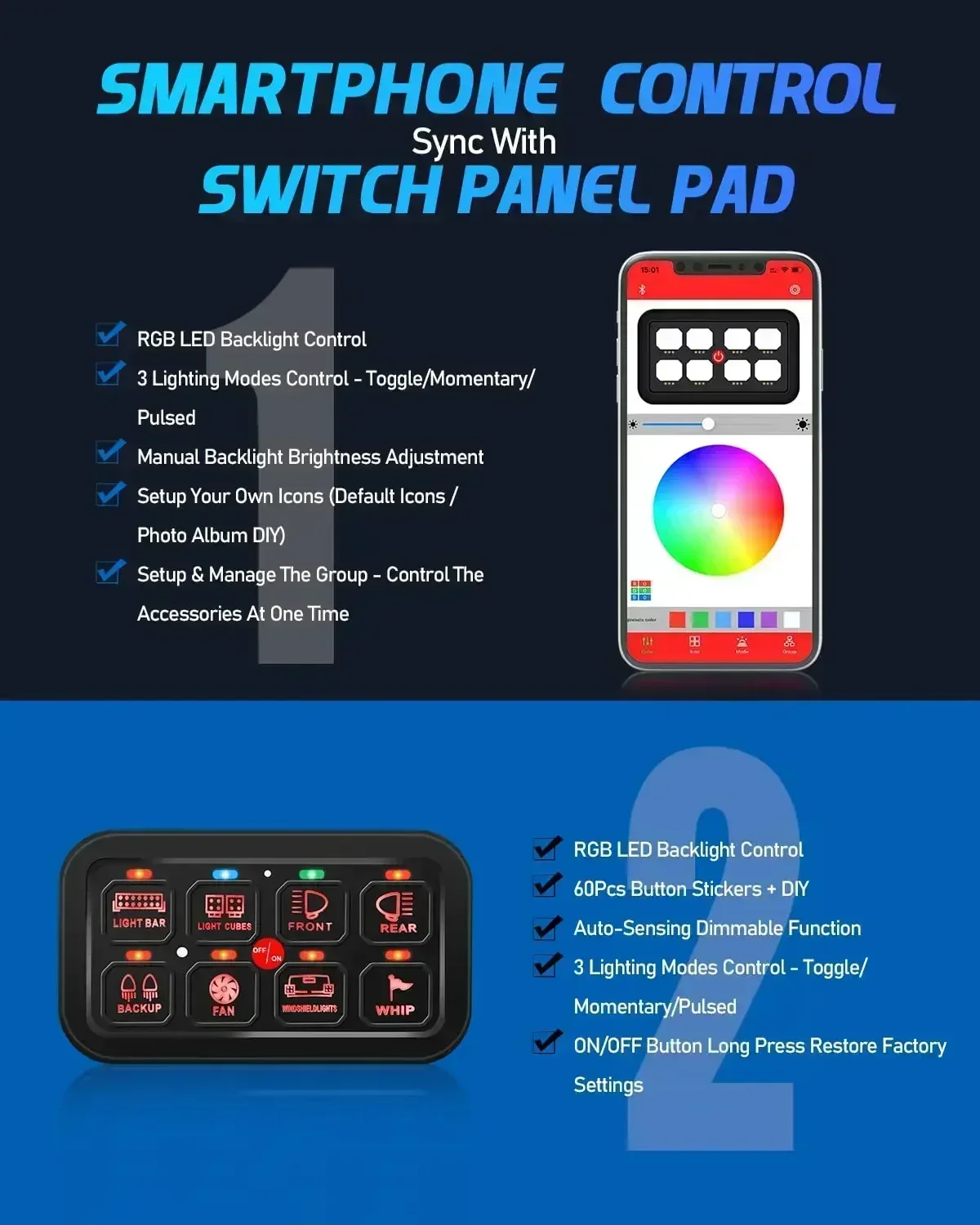 RGB 8 Gang Switch Panel 12V 24V Toggle Momentary Pulsed Multifunction bluetooth APP On-off Switch Controller for Car ATV Boat