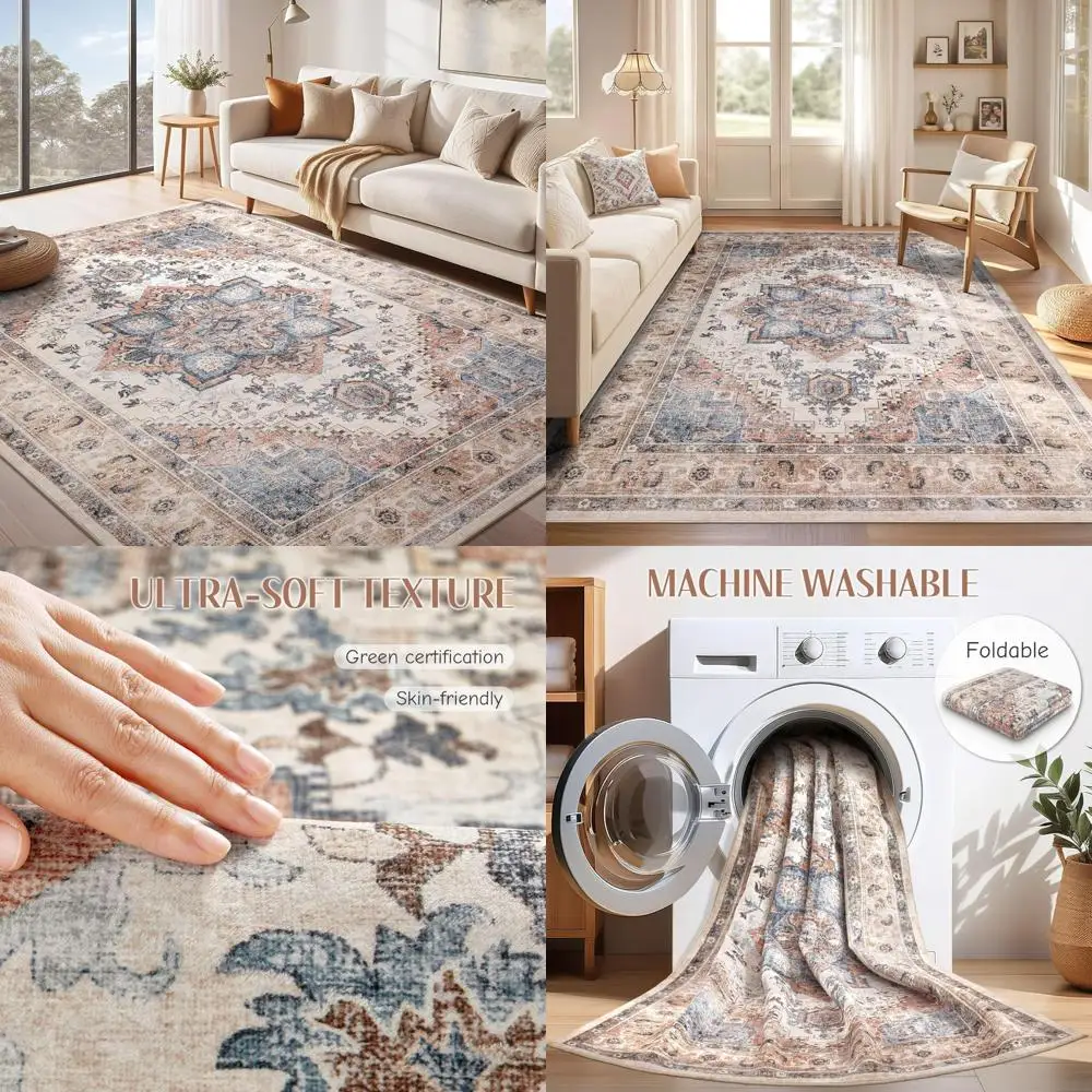 

Large 9x12 Boho Vintage Distressed Oriental Medallion Neutral Area Rug, Thin Carpet for Living Room and Bedroom