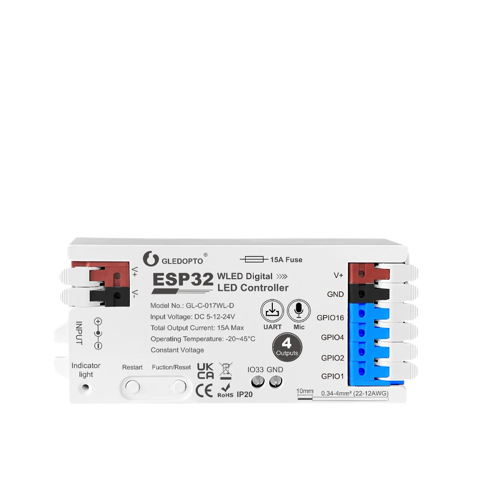 Contrôleur de bande WLED ESP32, sortie à 4 canaux, niveau de lien de fusible 15A, manette de vitesse, téléchargement UART, Mode d'éclairage dynamique, commande vocale, bricolage