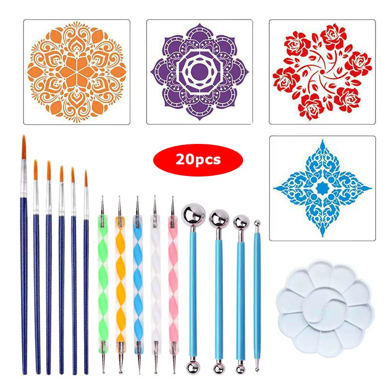 53/35pcs DIY Stone Mandala Dotting Tools for Painting Rock Stone Pen Embossing Starter Drawing Stencil Template Brush Tray Kit