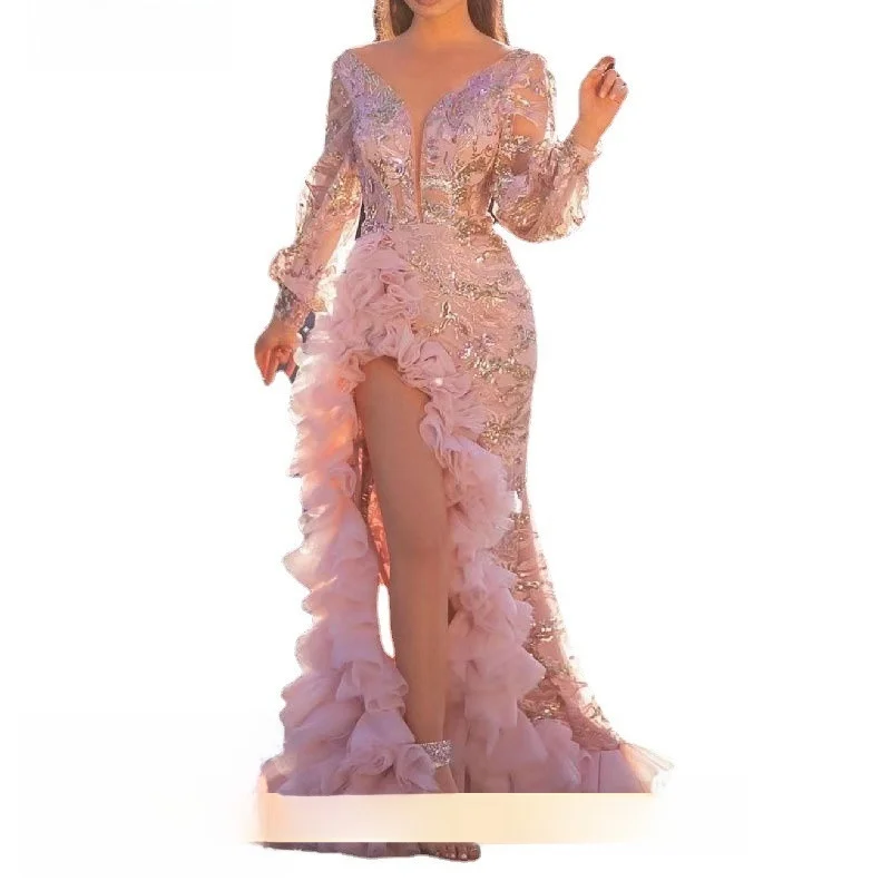 Seksowna długa suknia ślubna z tiulu Dr 2023, nowa, niezależna marka, różowa, z trenem, zdobiona koralikami, z wysokim stanem, z koronki, damska moda.