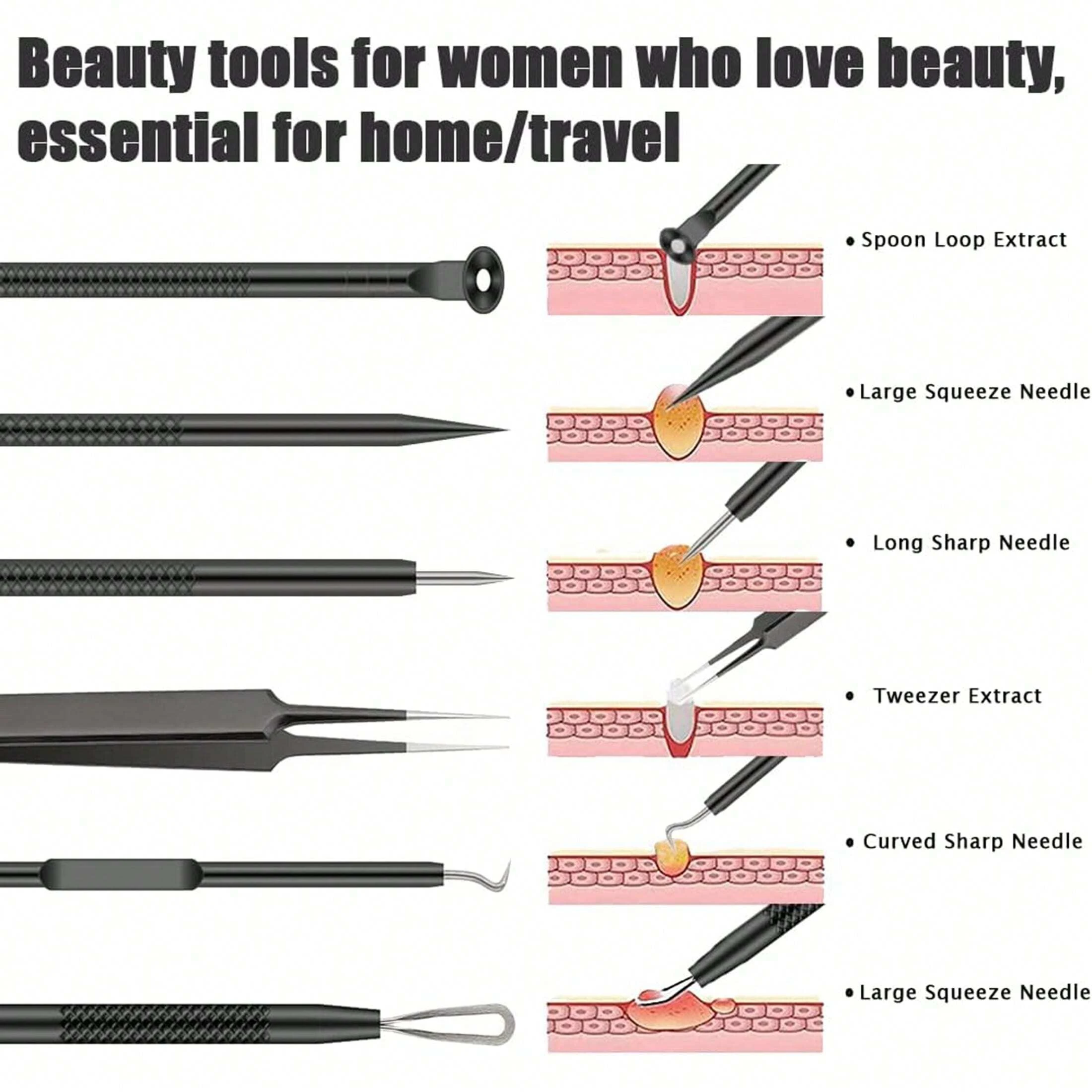مجموعة أدوات استخراج الرؤوس السوداء من الفولاذ المقاوم للصدأ ، العناية بالوجه ، الملقط والإبر ، أدوات إزالة ، 6 * #3