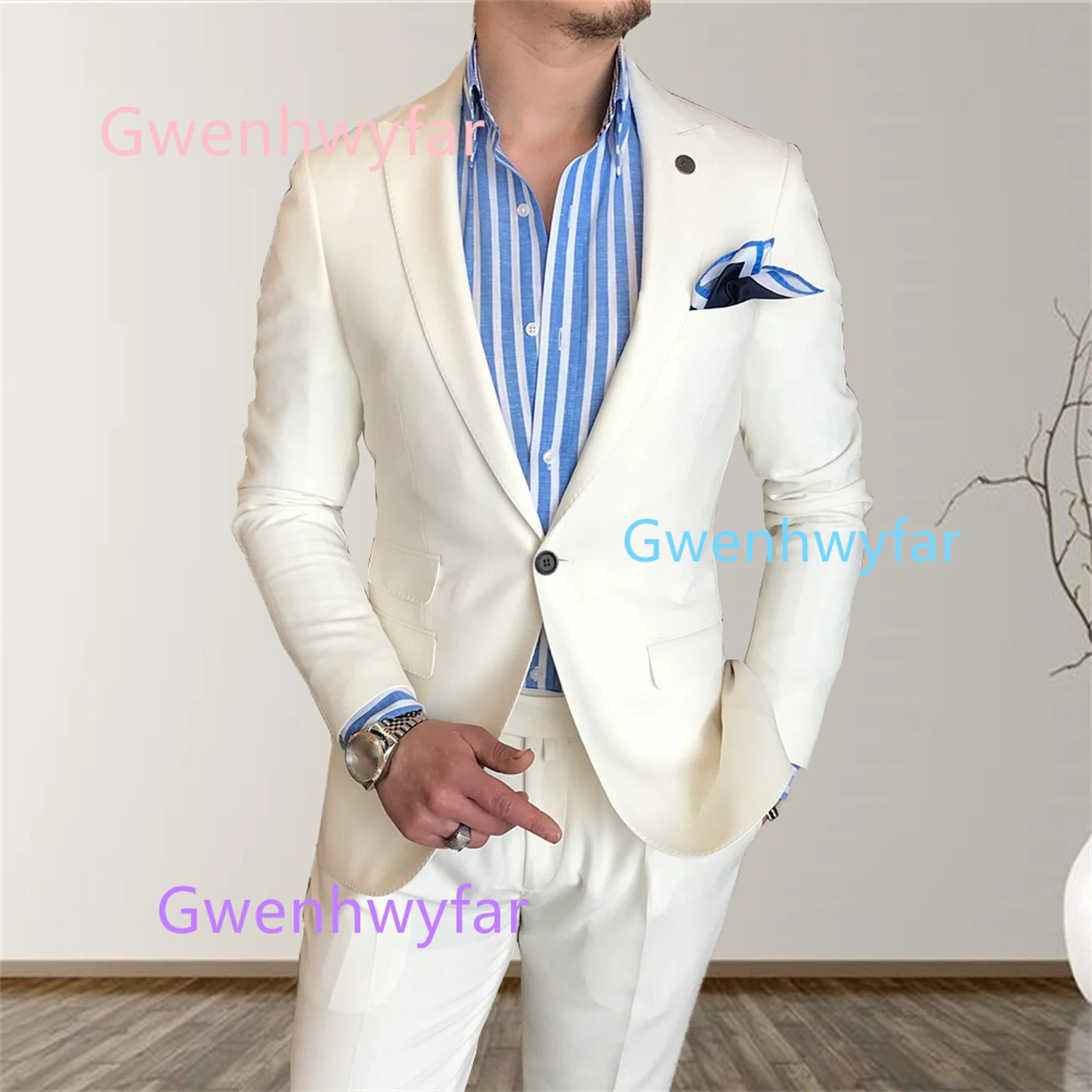 

Gwenhwyfar 2025 Young Men's Casual Party Suit 2-Piece Set Ivory Color Peak Lapel Jacket Slim Fit Pants Leisure Wedding Tuxedos