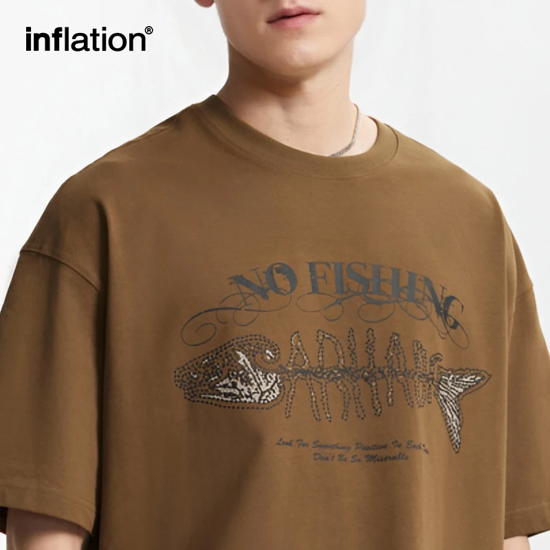 INFLATION Men's Fishbone Foam Print T-Shirt 265G Heavy Cotton Tee Vintage Street Casual Short Sleeve