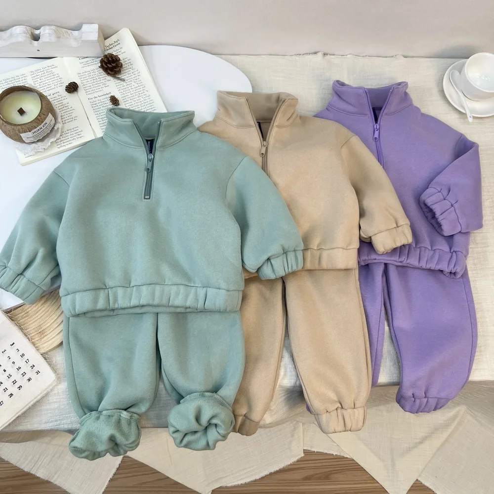 2025 Autumn Winter Boys Clothing Set Solid Color Lining Plush Thick Warm Sweatshirt+Pants 2Pcs Suit For 1-8Y Girls Casual Outfit