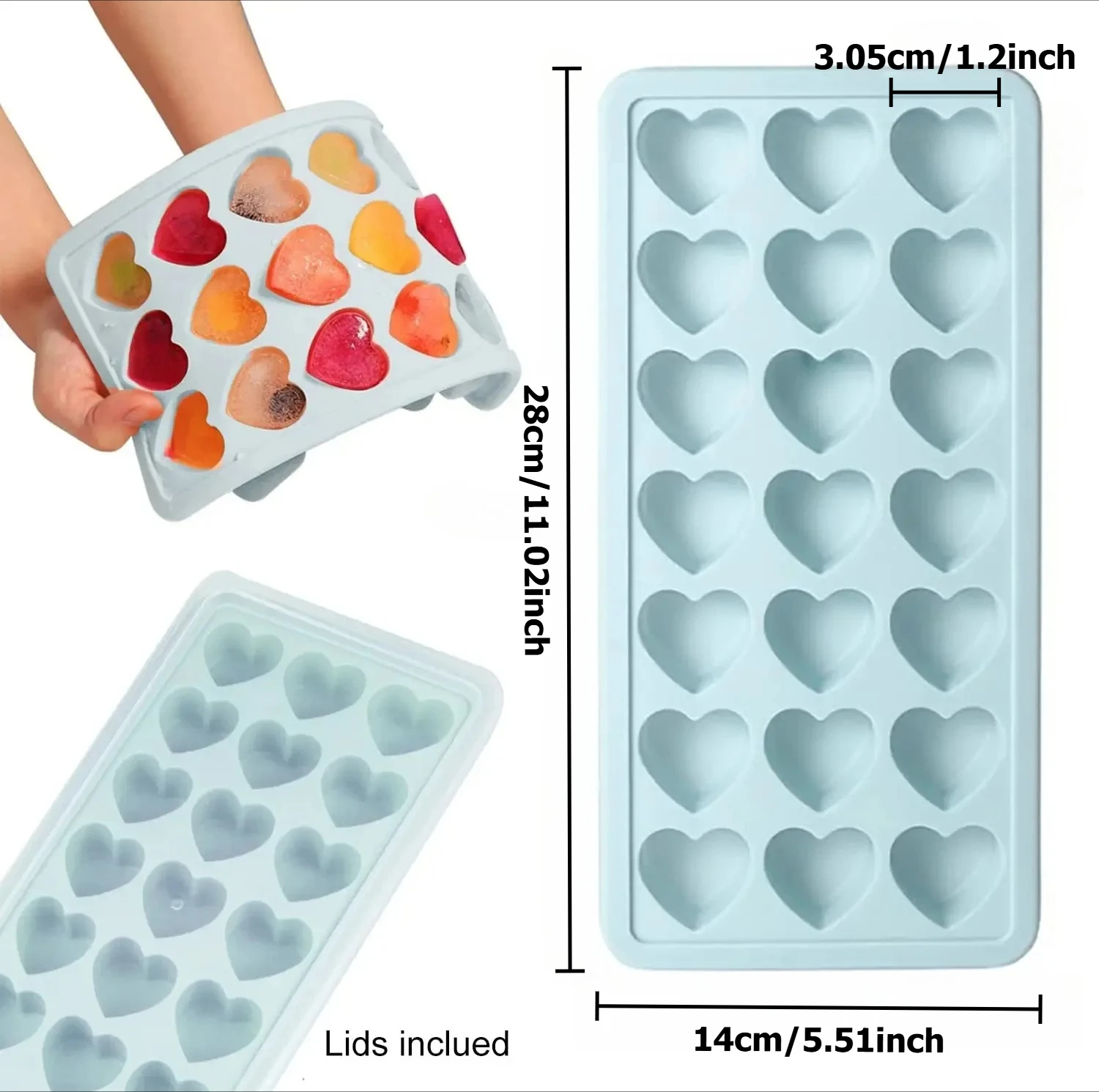 Heart Shape Silicone Ice Cube Mold, 21 Grid Flexible Tray with Lid, Food Grade BPA Free Easy Release Maker for Cocktail Gift