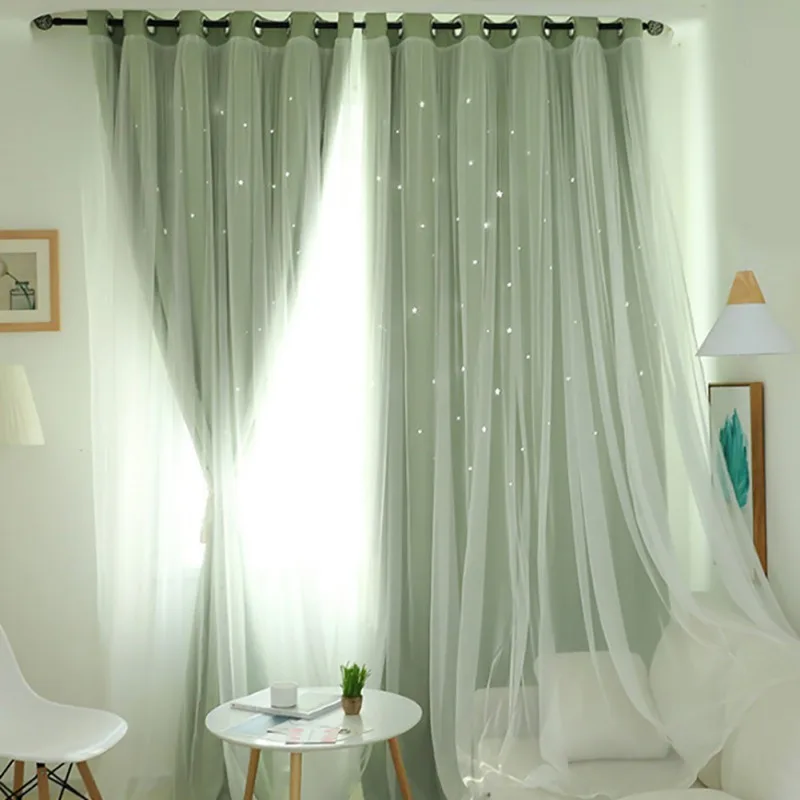 Colorful Hollow-Out Star Blackout Curtains Girl Kid Nursery Bedroom and Living Room Double Layer Window Cute Princess Curtains