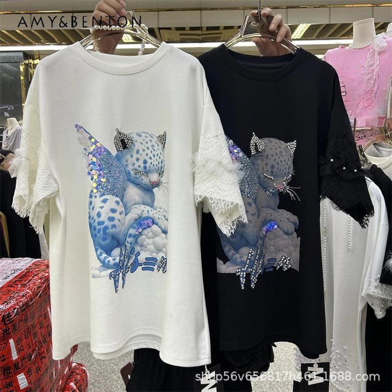 

European Style 2025 Summer Kawaii Tees New Fashion Temperament Lace Versatile Loose Oversized Short-sleeved T-shirt Top Pullover