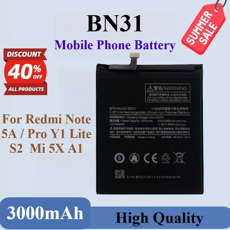 

High Quality 100% New BN31 Replacement Phone Battery 3.85V 3000mAh For Redmi Note 5A / Pro Y1 Lite S2 Mi 5X A1