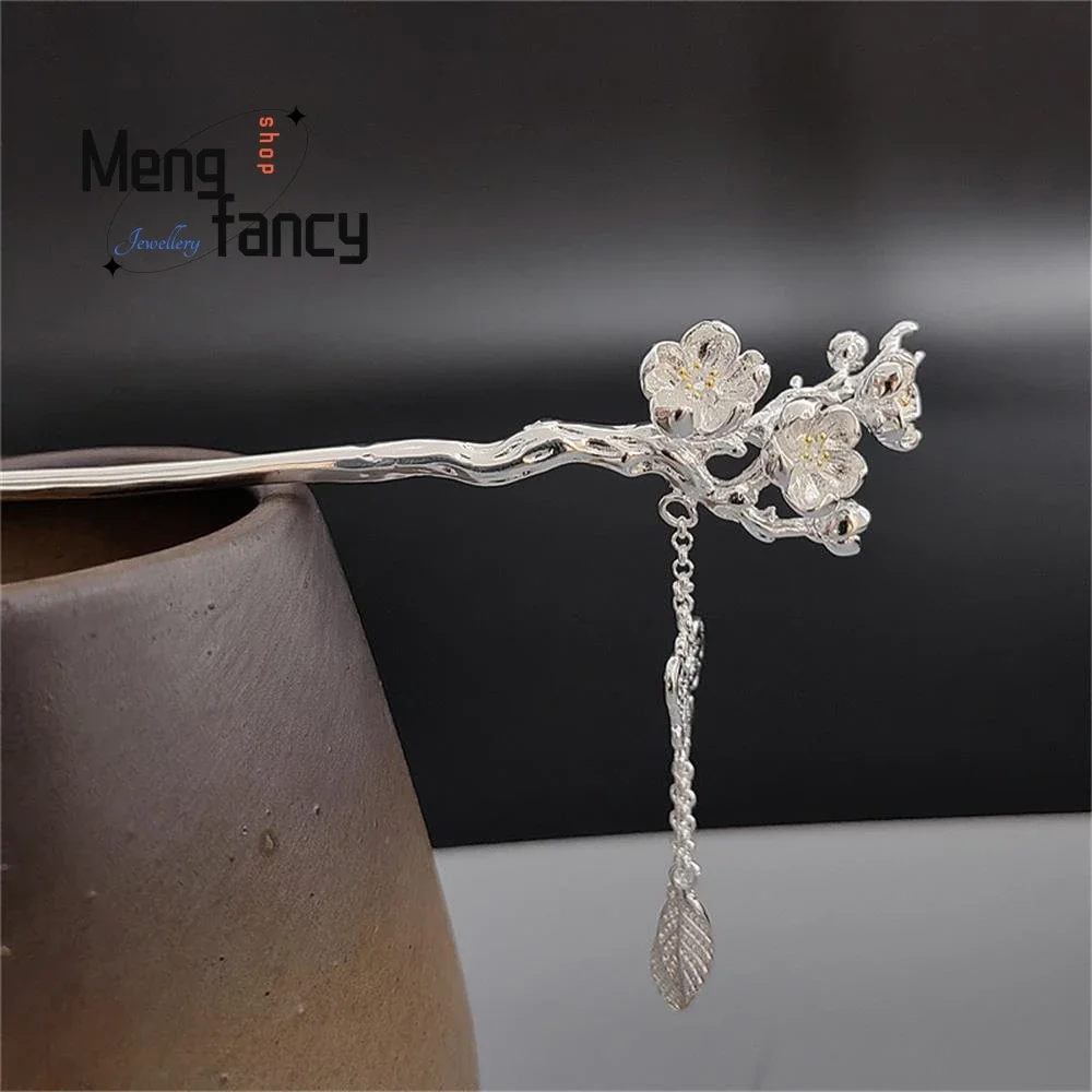 Female Ancient Style Tassel Plum Blossom Hanfu Plate Hair Silver-plated Hairpin Exquisite High-grade Luxury Fashion Fine Jewelry image 3