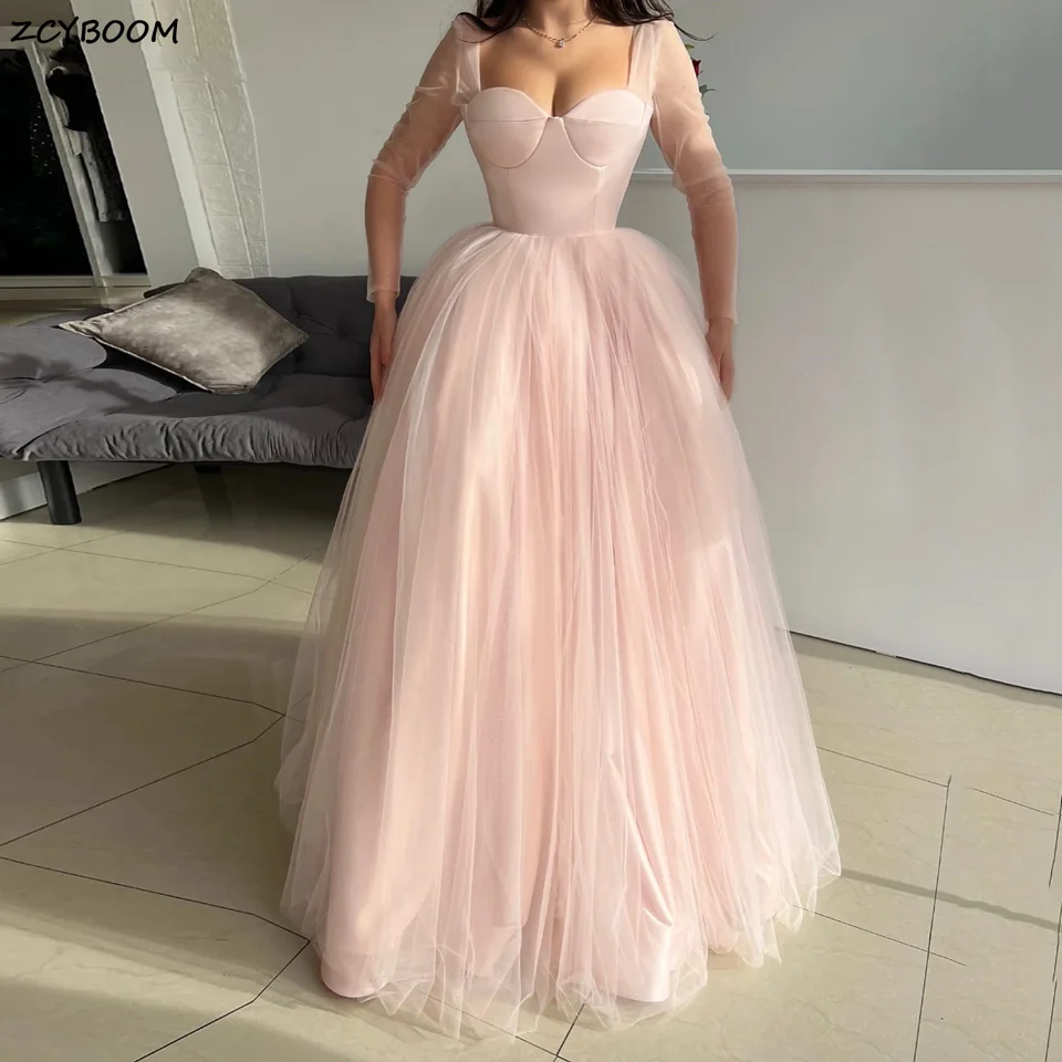 Elegant Pink Illusion Long Sleeves Evening Dresses 2023 Sweetheart A-Line Bridesmaids Wedding Party Cocktail Prom Gown For Women