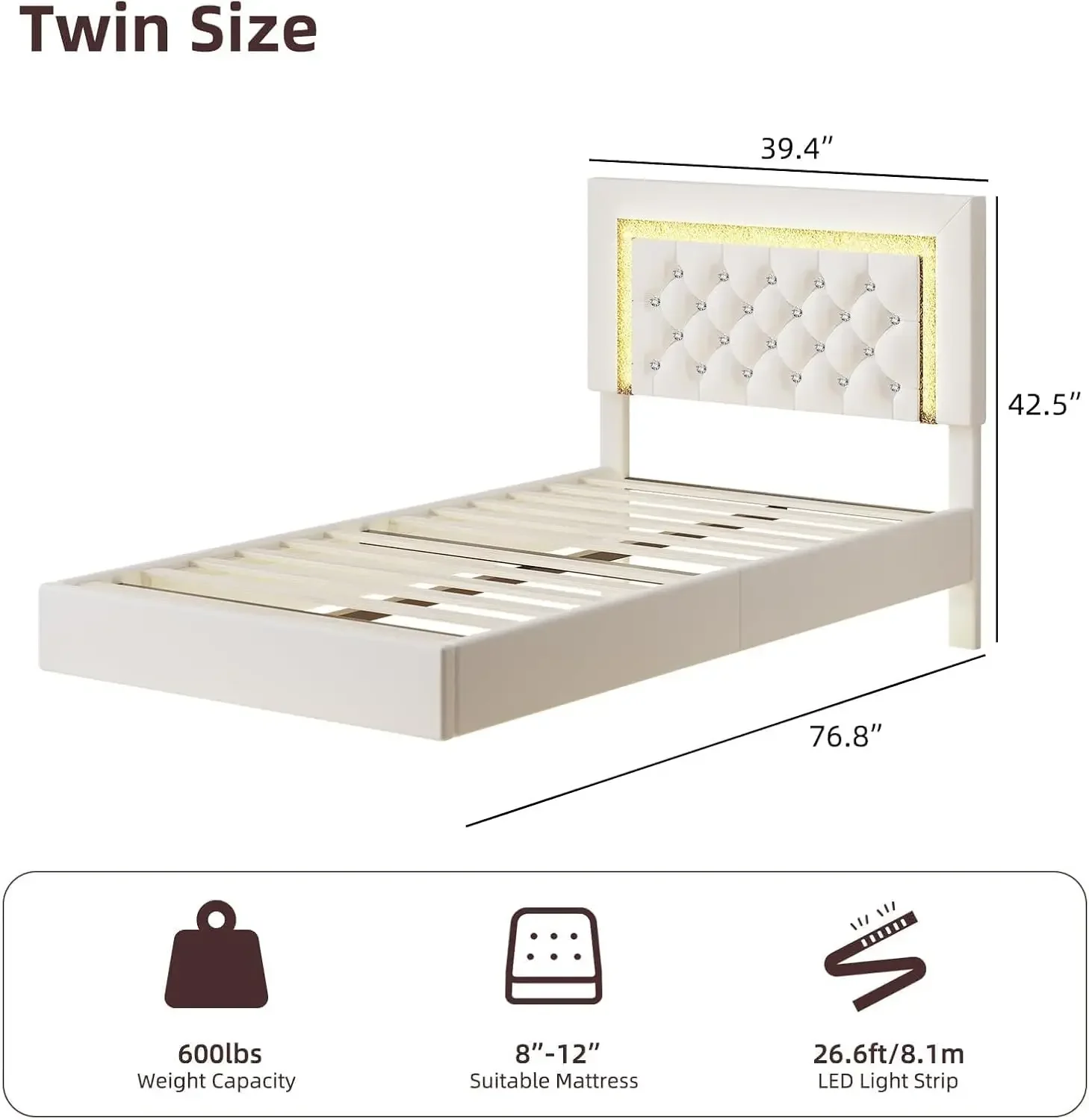 Floating Bed Frame Twin with LED Lights, Upholstered Platform Bed with Diamond Headboard, No Box Spring Needed, Noise Free, Easy