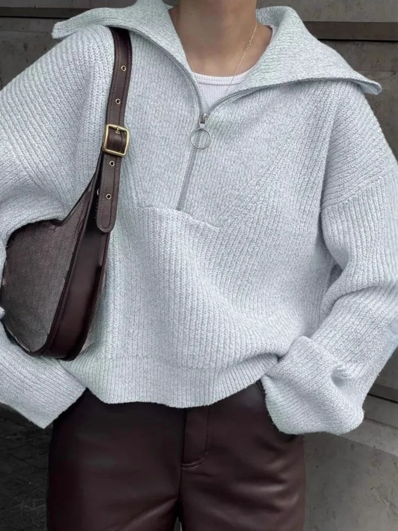 

Knit Sweater 2025 Autumn and Winter New fashion Commuter Loose Lapel Zipper Pullover Solid Color Casual jumper Women's Sweater