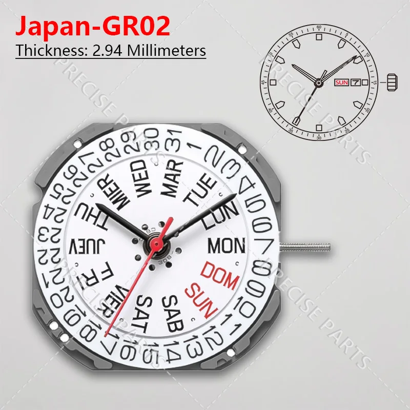 GR02 Ultra-Thin Movement With Date Display, Japanese Movement, Spanish And British 3 o'clock Date GR02 Movement