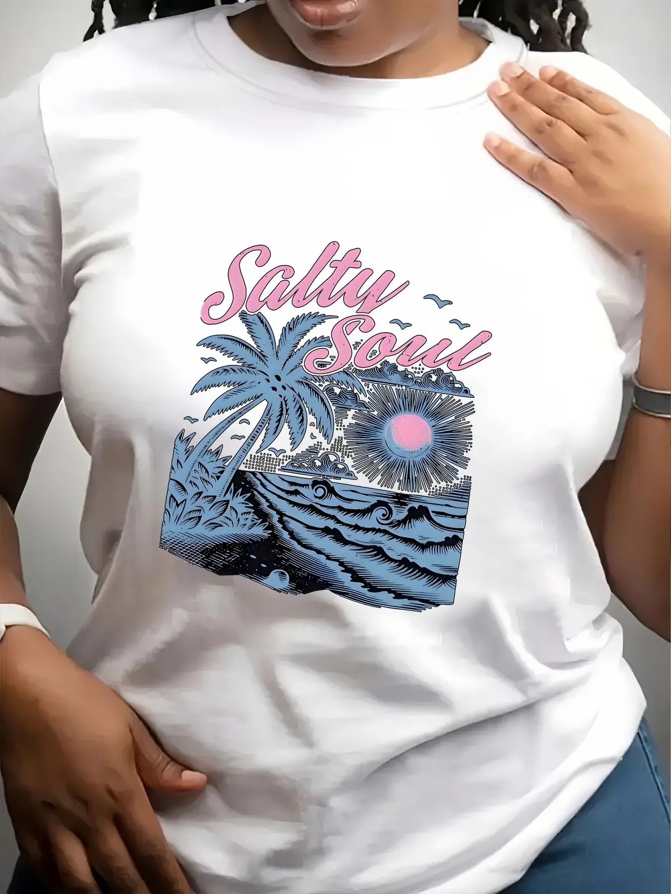 Women's Trendy Crew Neck T-Shirt Salty Soul Palm Tree Ocean Sunset Print Suitable for Casual Sportswear