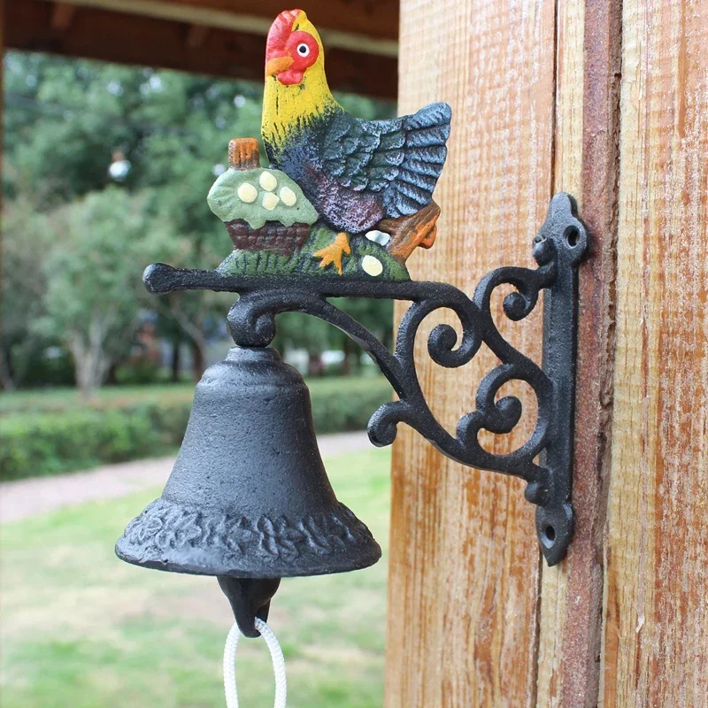 Cast Iron Wall Mounted Bell With Hand Cranking Hanging Rope Colored Hen Eggs European Home Garden Wall Decor Welcome Door Bell