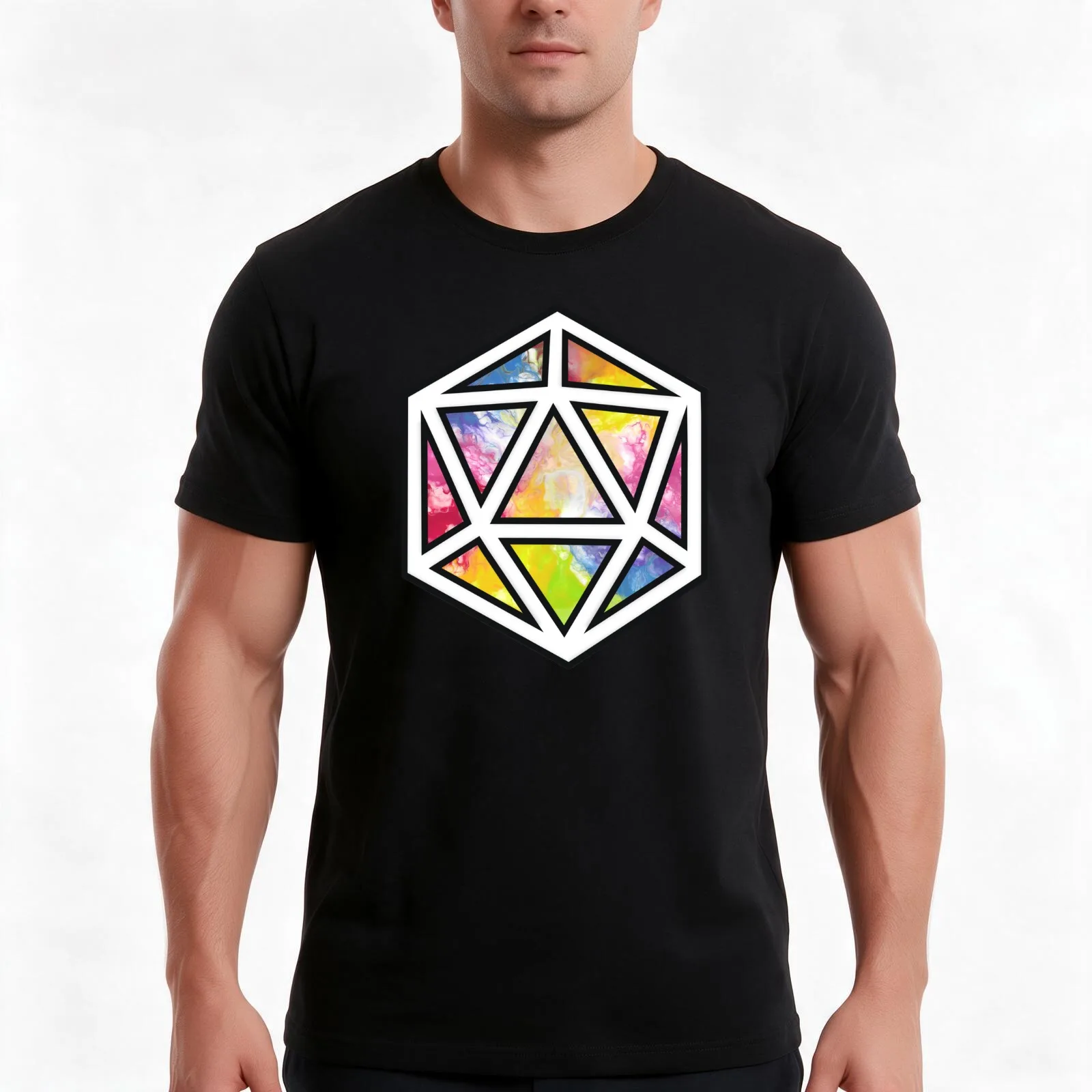 D20 Rainbow Splash - Acrylic Pour T-Shirt Summer Casual Cotton Tee Oversized Streetwear Tops Vintage Graphic Print