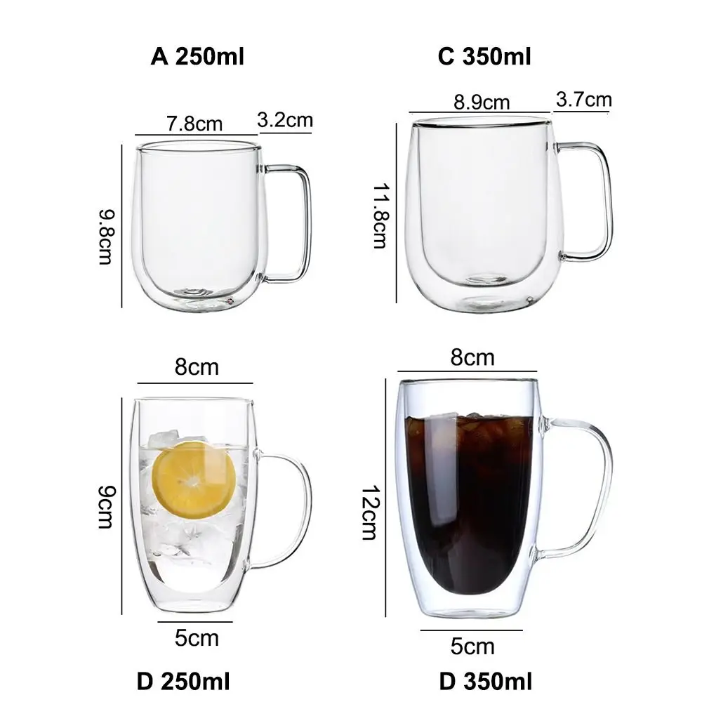 150-450ml Anti Scalding Insulated Double Wall Clear Coffee Tea Cup Double Cup Breakfast Mug with Handle