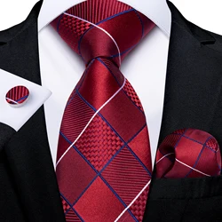 Classical Red Plaid Men's Tie Set Paisley Floral 8cm Necktie Handkerchief Cufflinks Business Wedding Suits Accessories Gift