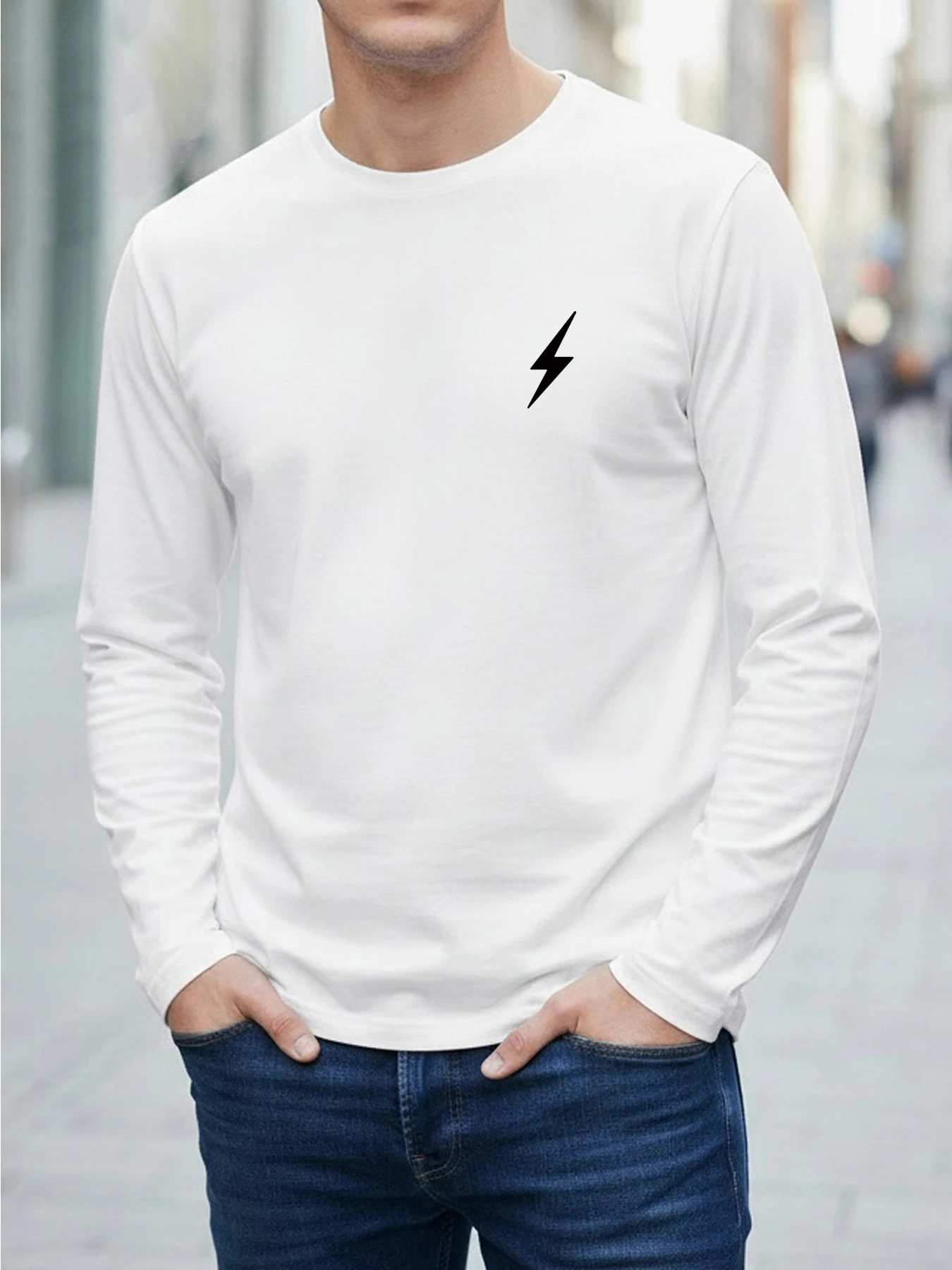 Men's Spring Fall Long-Sleeve Casual Loose-Fit Lightning Print Crew Neck Top Sports Vacation T-Shirt Simple Long-Sleeve