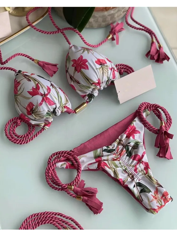 Botanical-Print Braided Rope Bikini Set Swimsuit For Women Sexy Low Waist Two Pieces Beachwear 2022 Bathing Suit Swimwear New