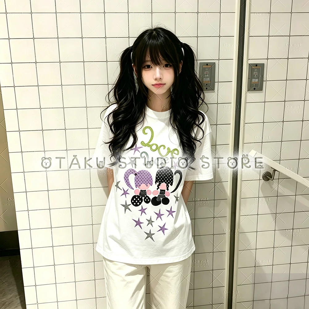 Cute Doll Print Y2K Oversized Tee Unisex Crew Neck Nijigen Moé Star Letter Design White Harajuku Alt Fashion Short Sleeve Casual