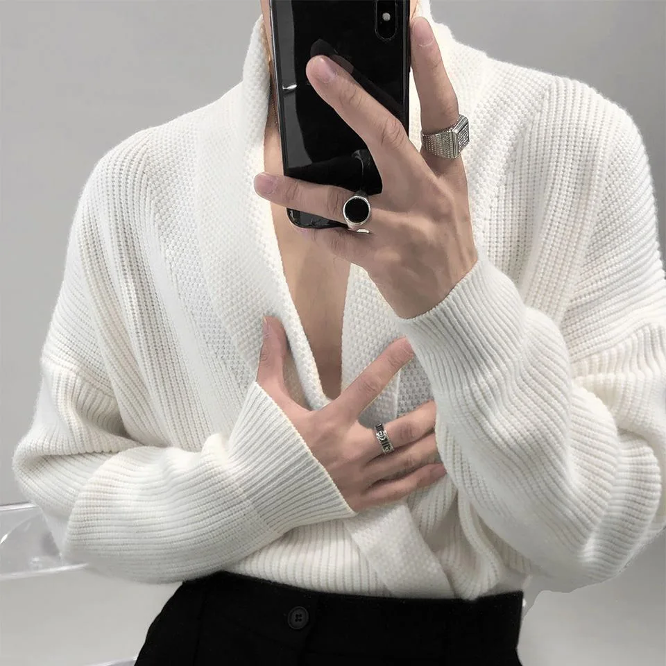 

Design Casual Knitted Sweater Men's Loose Fit V-Ne Pullover Polyester Fiber Winter Faion Elastic Long Sve Top