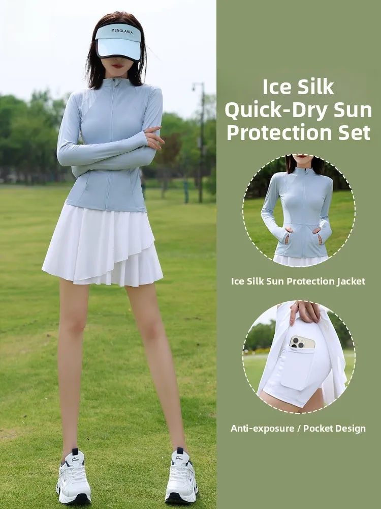 

Женский спортивный костюм Ice Silk Qui Dry Outdoor Fitn, комплект с юбкой с защитой от ультрафиолета, длинная застежка-молния Spor Sle