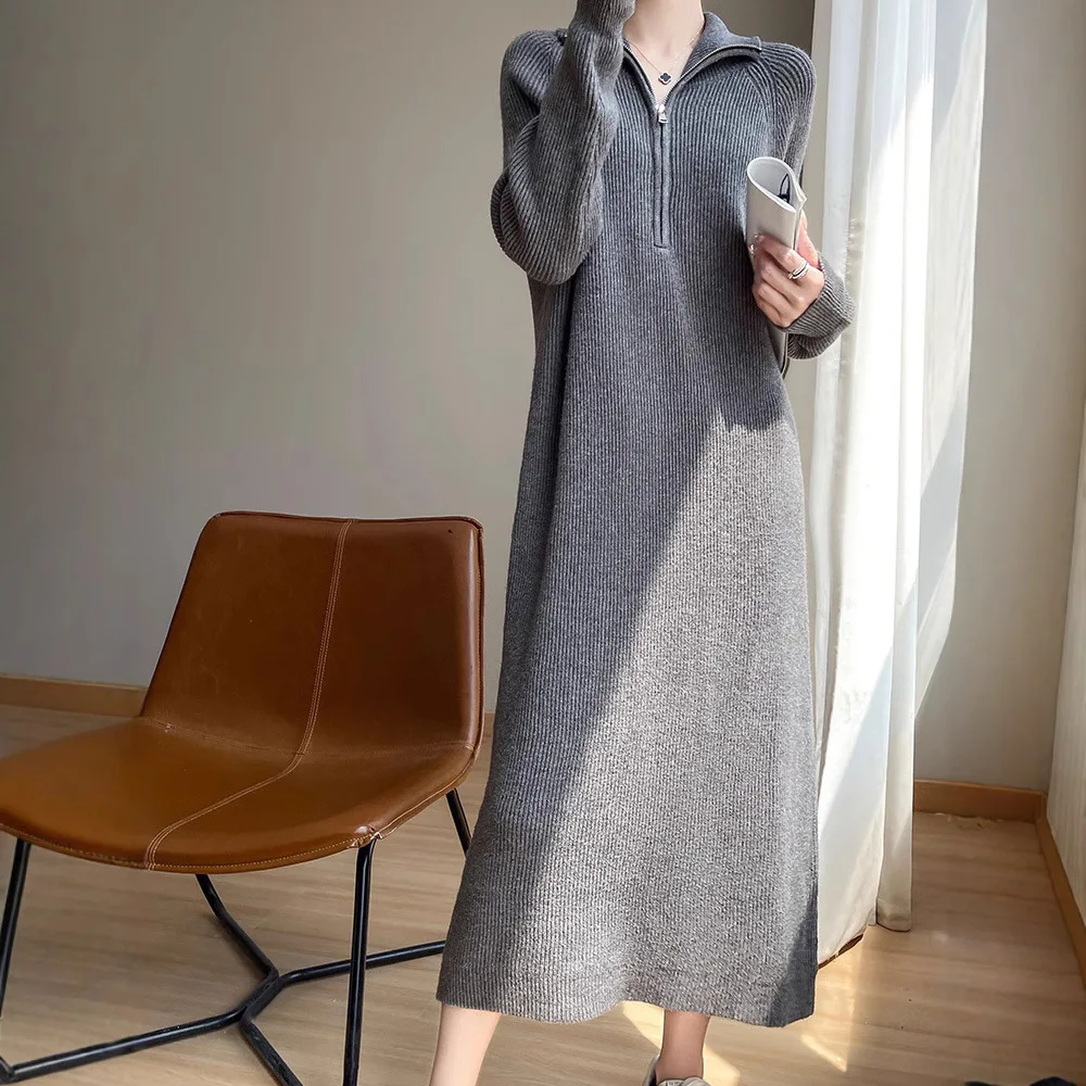 Knitted Dress Women Zipper Design French Black Midi Dresses Spring Summer Knit Sweater Dress Bodycon