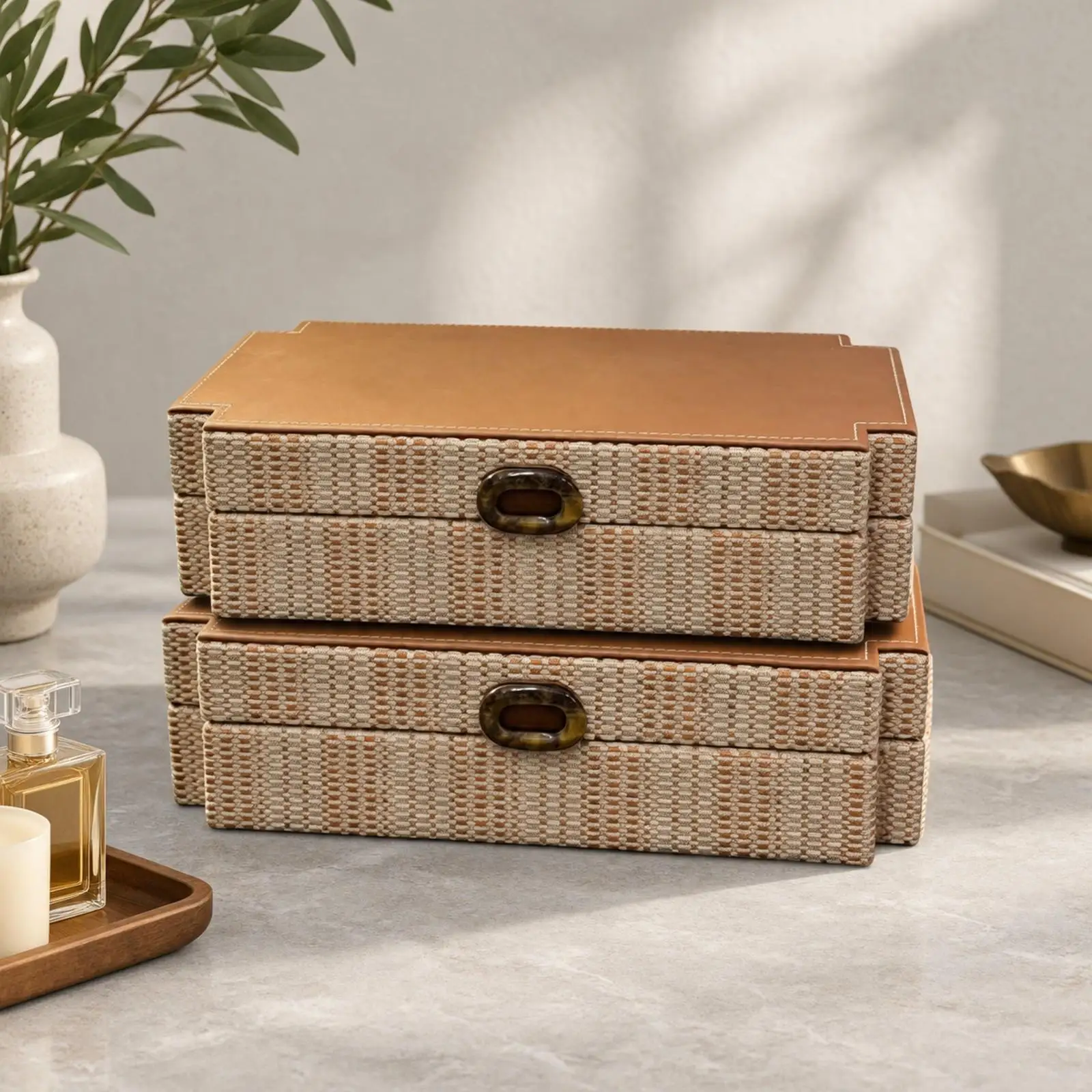 Decorative Rectangle Tray Storage Organizer Wood Leather Box with Textured Exterior and Gemstone Handle for Home Shelf