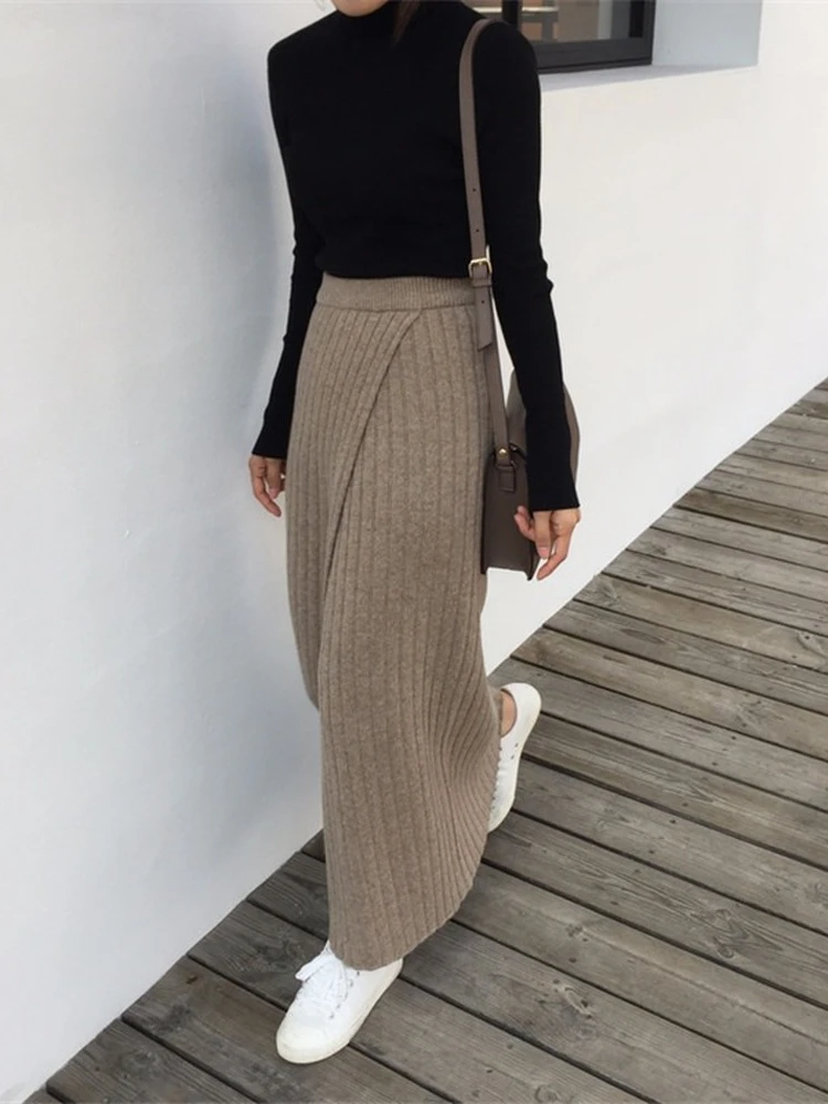 Women Skirt Long Skirts Kinitted Skinny A Line Japanese Harajuku Autumn Winter High Waist Solid Female Korean Streetwear Elegant